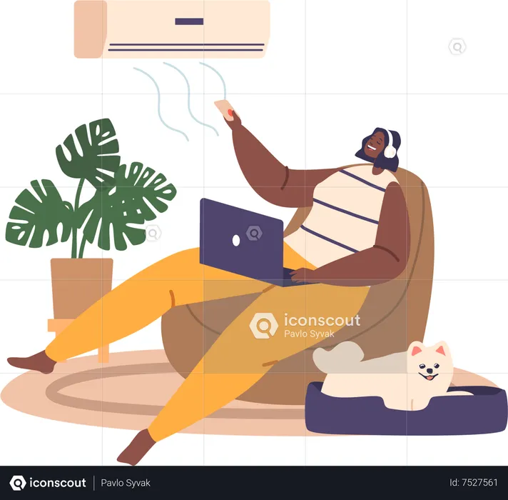 Woman Combat Heat At Home With Conditioner  Illustration