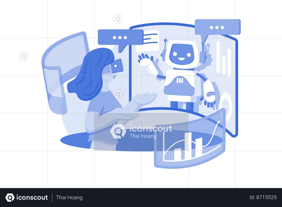 Woman Communicating With A Virtual Chatbot  Illustration