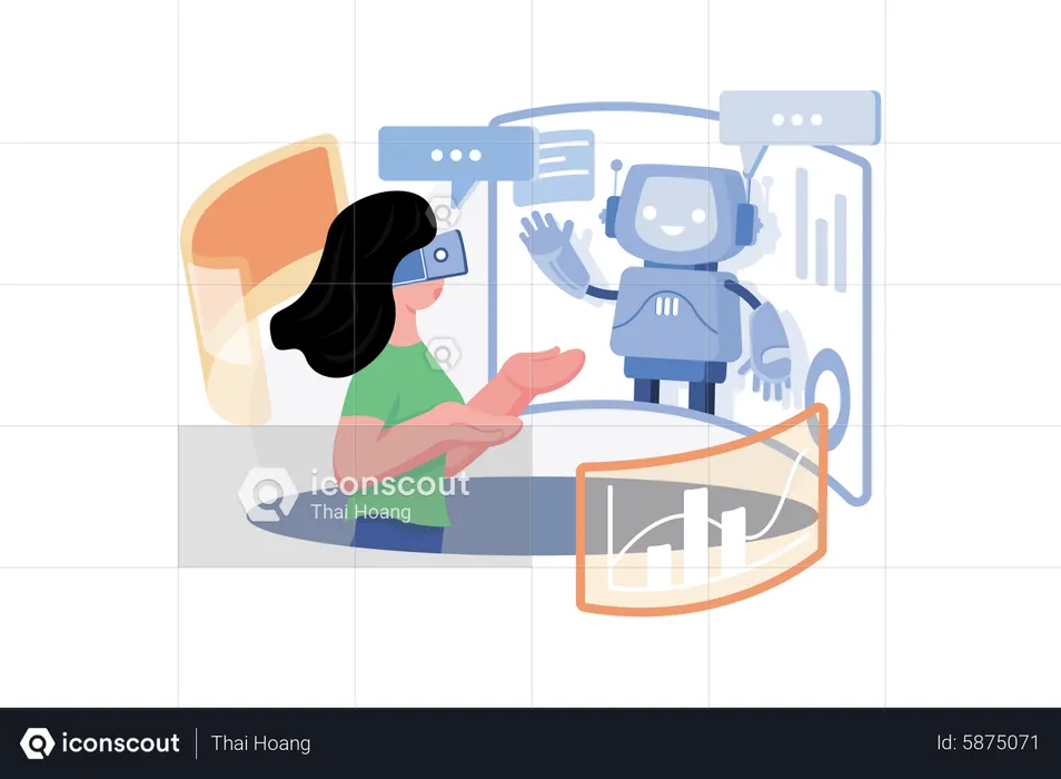 Woman communicating with a virtual chatbot  Illustration