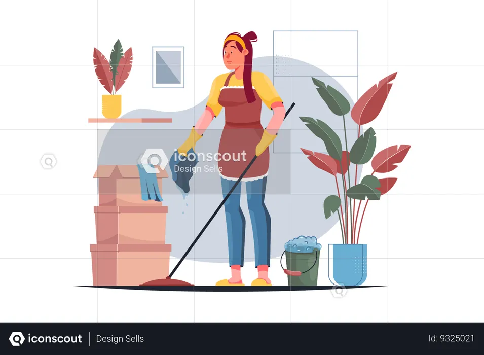 Woman completes her household duties and cleans her house  Illustration