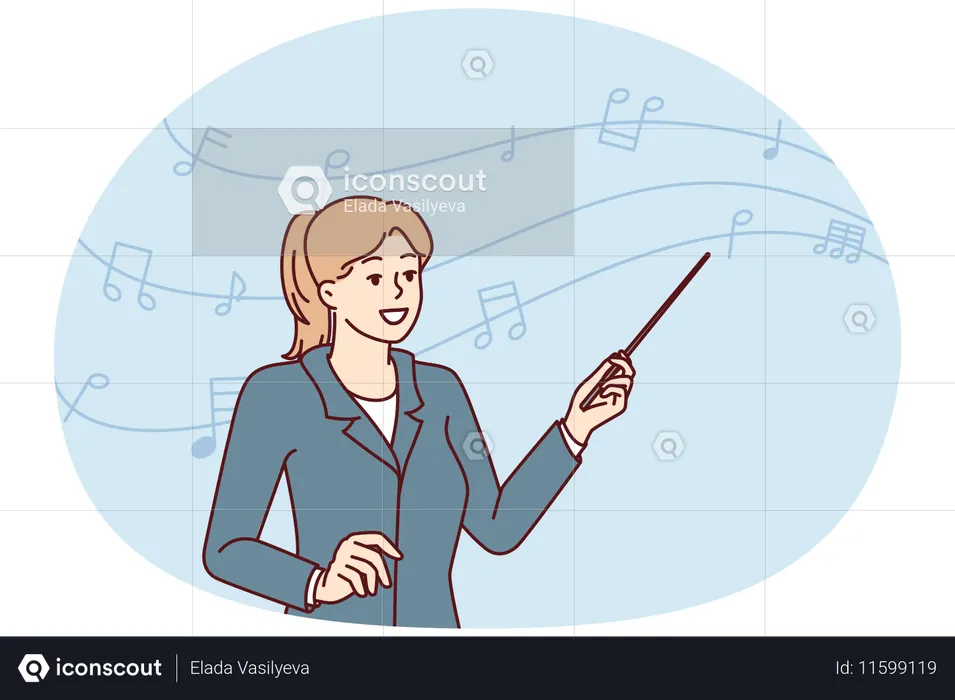 Woman conductor musical orchestra with pointer in hand stands near notes on wavy line  Illustration