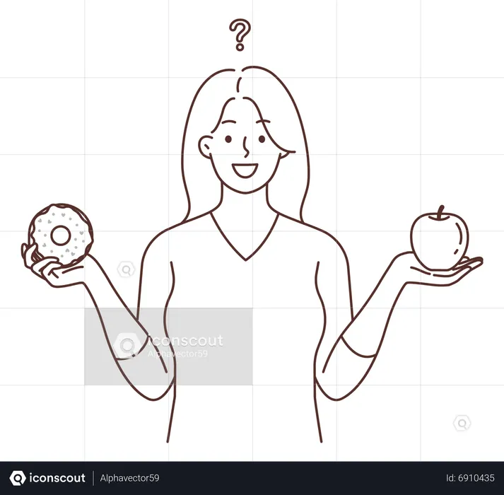 Woman confused about dessert with apple  Illustration