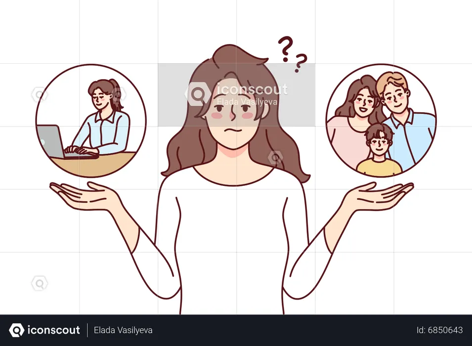 Woman confused between family or work  Illustration