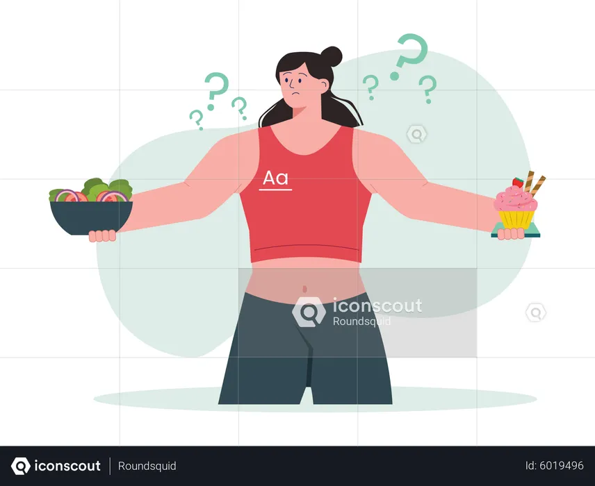 Woman confused between healthy and junk food  Illustration