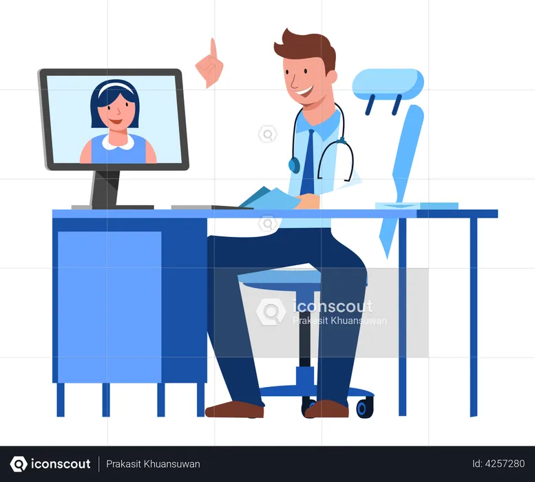 Woman consulting with doctor via video call  Illustration