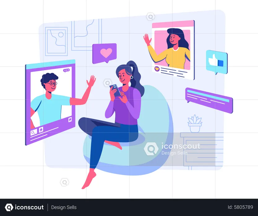 Woman contacting friends through social media app  Illustration