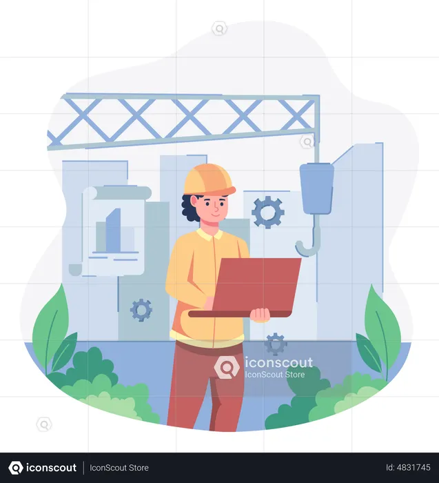 Woman contractor working on laptop  Illustration