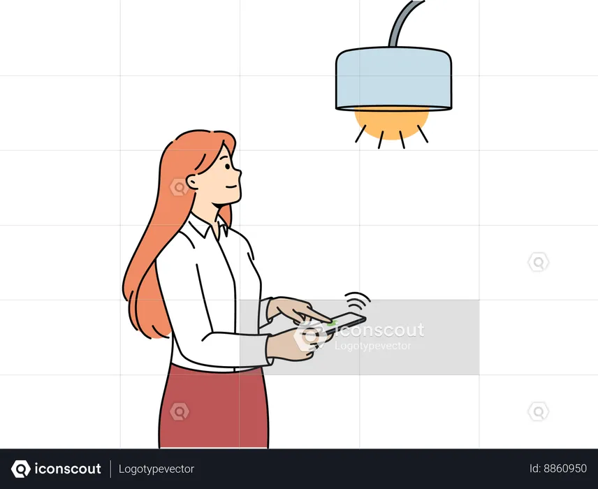 Woman controlling lamp through mobile phone with iot or smart home application to turn on light  Illustration