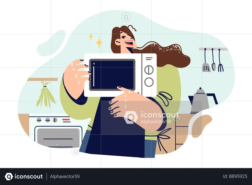 Woman cook with microwave in hands rejoices at acquisition of new kitchen equipment  Illustration