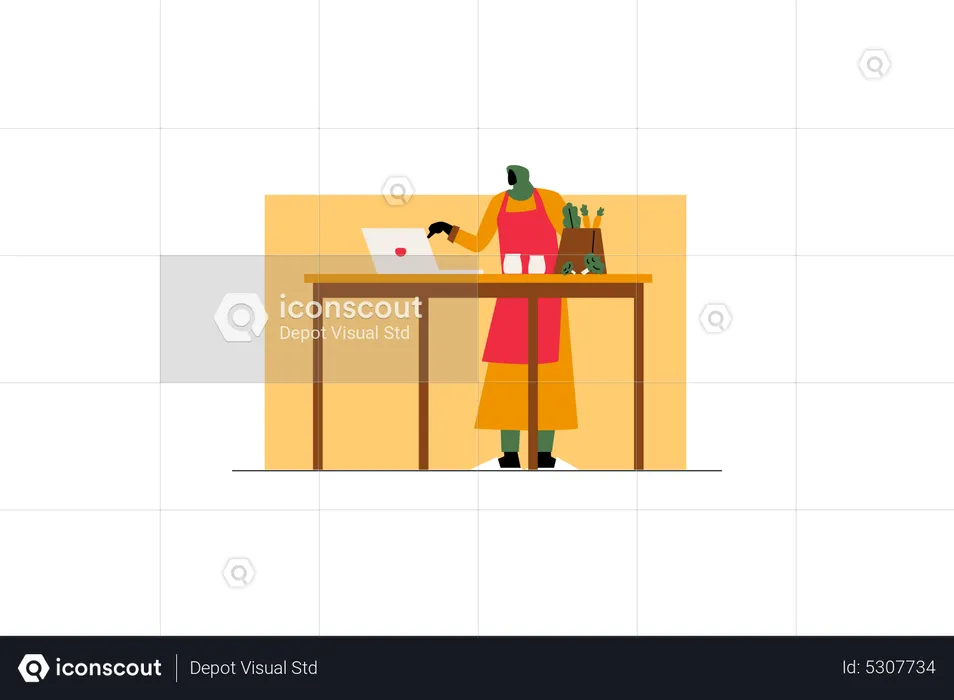 Woman cooking by watching video tutorial  Illustration