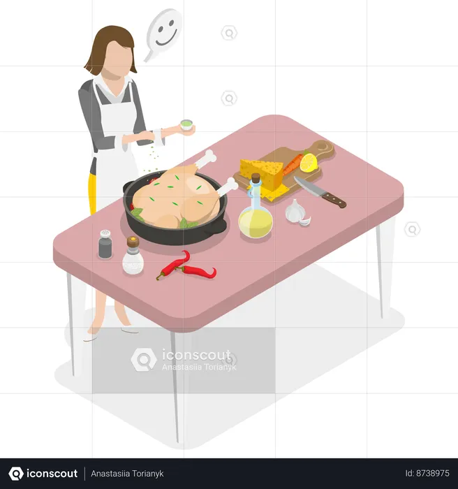 Woman Cooking Chicken and Homemade Diner  Illustration