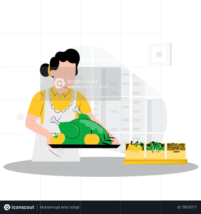 Woman cooking chicken  Illustration