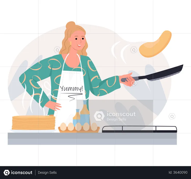 Woman Cooking Egg Fry  Illustration