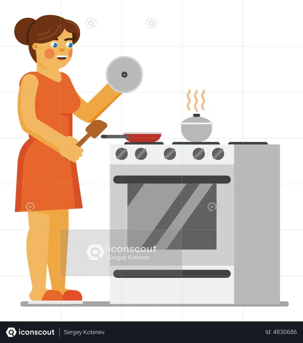Woman cooking food on cook top  Illustration