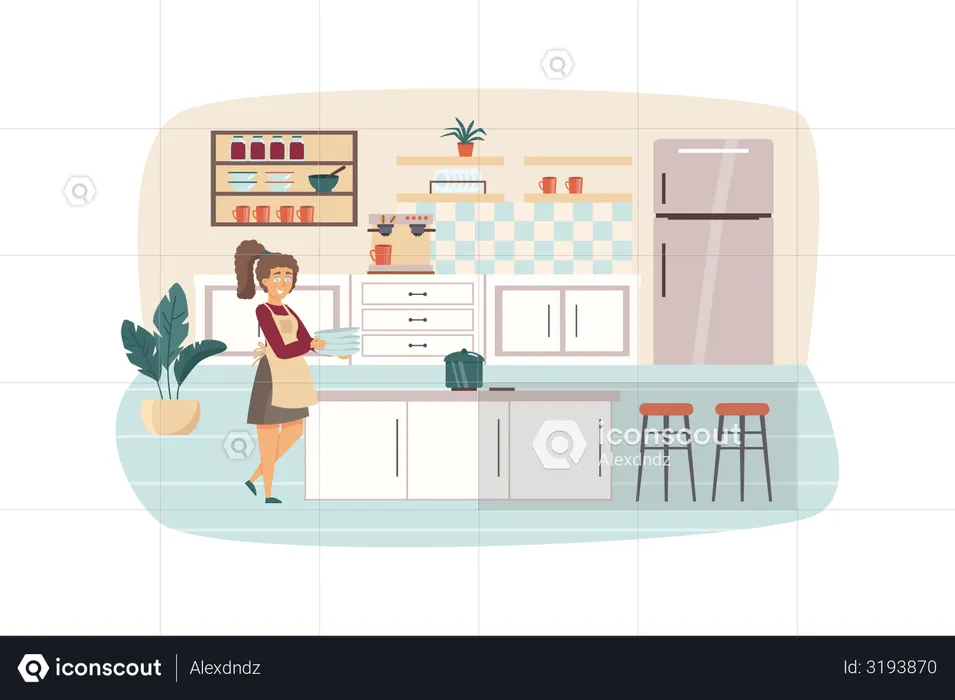 Woman cooking in kitchen scene. Housewife holds dishes, pan is on stove, preparing breakfast or lunch. Household and daily routine concept. Vector illustration of people characters in flat design  Illustration