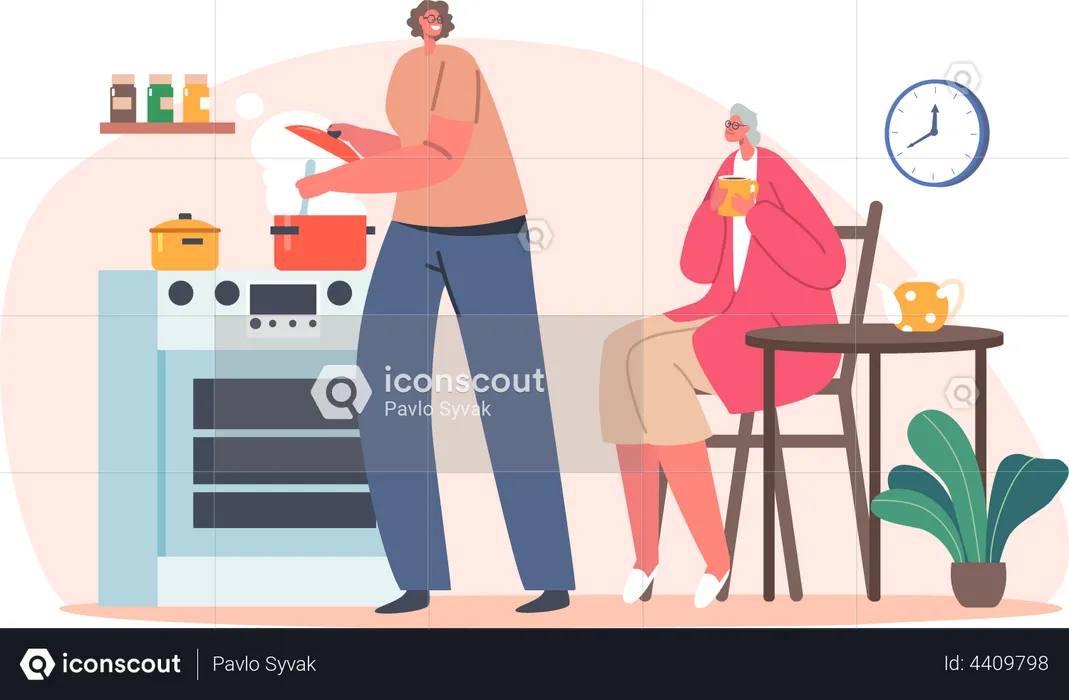 Woman Cooking in Kitchen with Elderly woman  Illustration