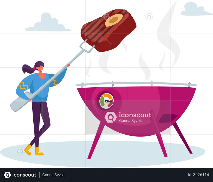 Woman cooking steak on barbeque  Illustration
