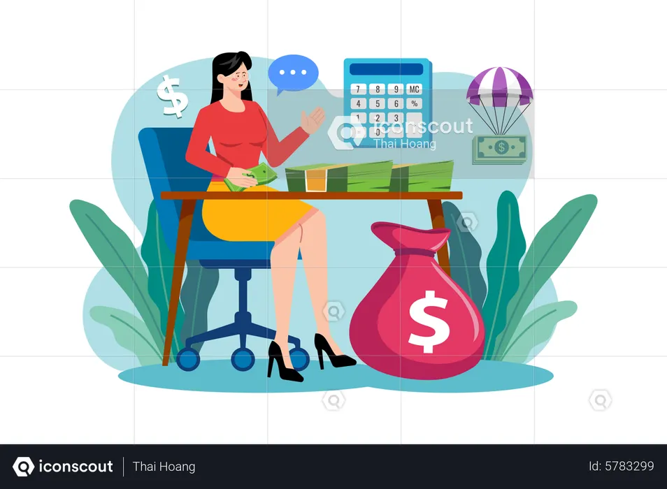 Woman counts the money she earns  Illustration