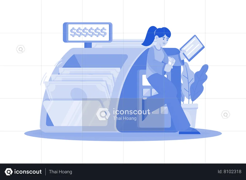 Woman Counts The Money She Earns  Illustration