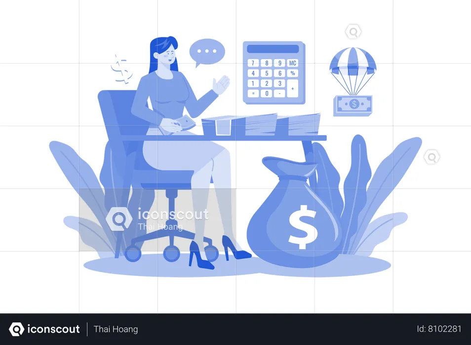 Woman Counts The Money She Earns  Illustration