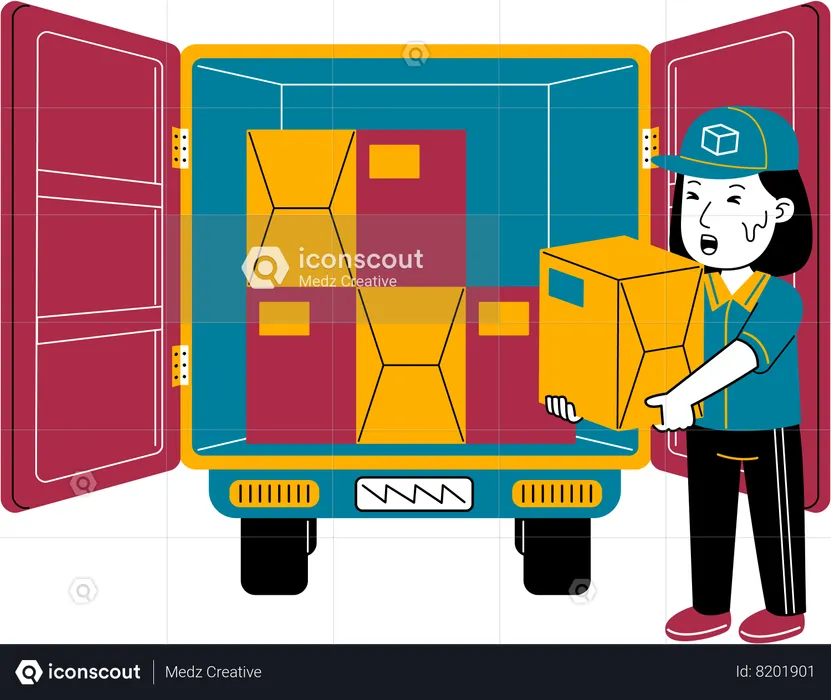 Woman Courier puts package in box car  Illustration