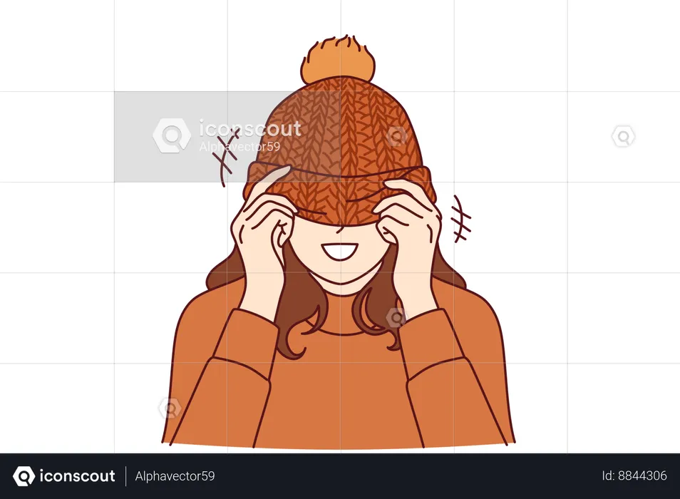 Woman covers face with knitted hat  Illustration
