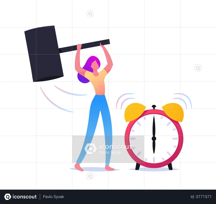 Woman Crash Alarm Clock with Hammer  Illustration