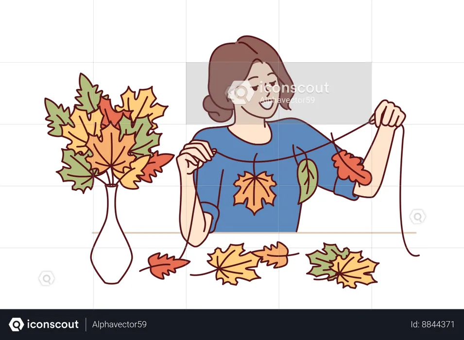 Woman creates autumn atmosphere in home  Illustration