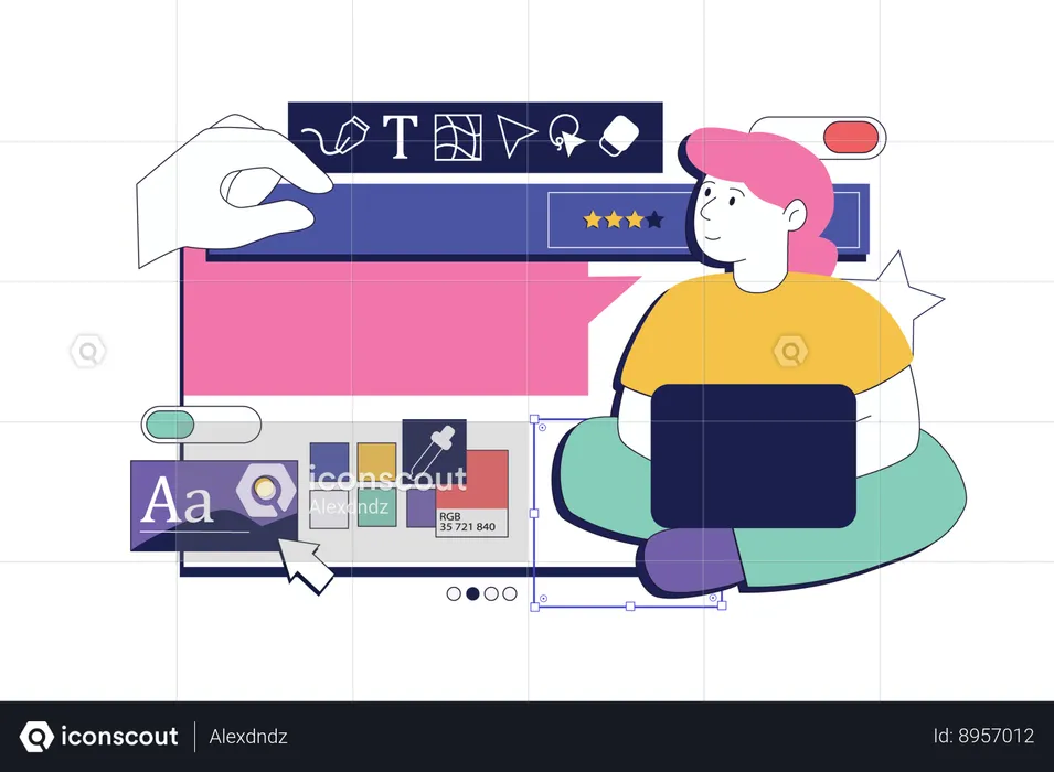 Woman creating homepage interface with placing content and buttons on mockup  Illustration