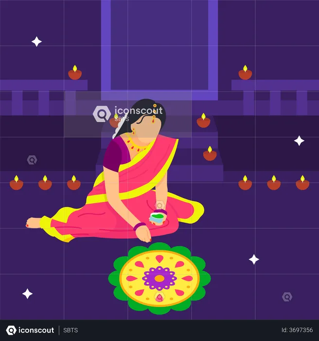 Woman Creating Rangoli In Diwali  Illustration