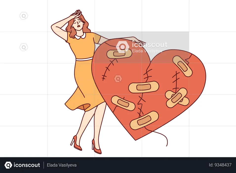 Woman cries after breaking up and having problematic relationship standing near large wounded heart  Illustration