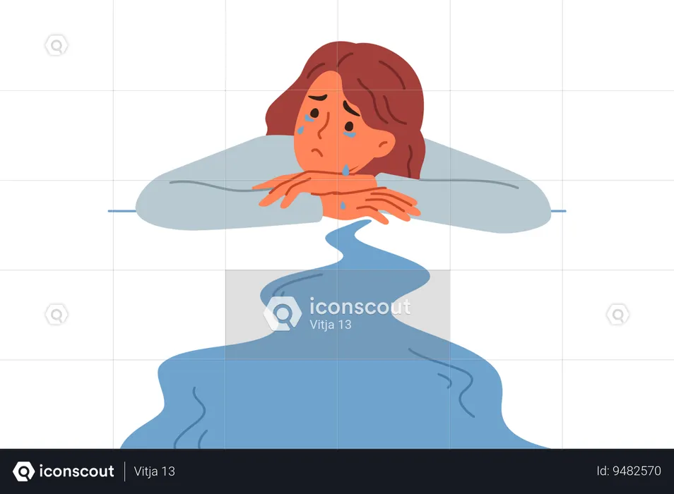 Woman cries experiencing stress after breaking up with boyfriend lying near puddle of tears  Illustration