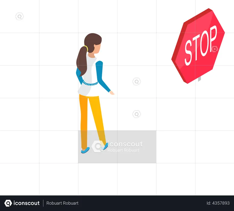 Woman crossing road near stop sign  Illustration