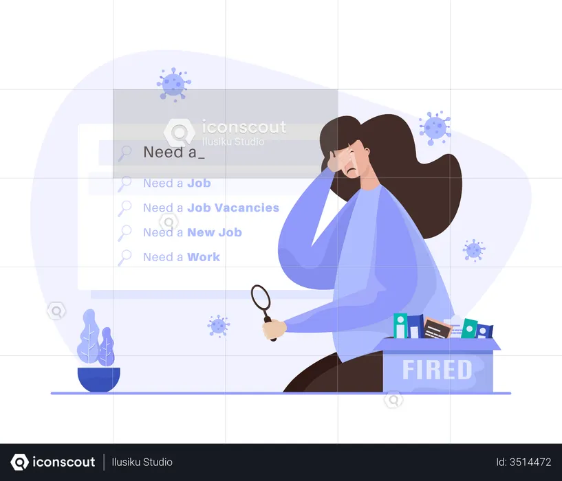 Woman crying and searching for job online  Illustration