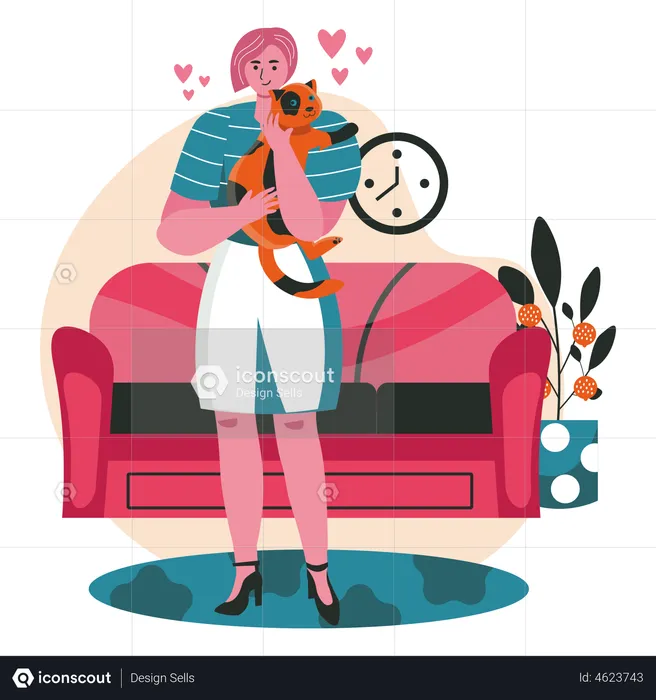 Woman cuddling a cat  Illustration