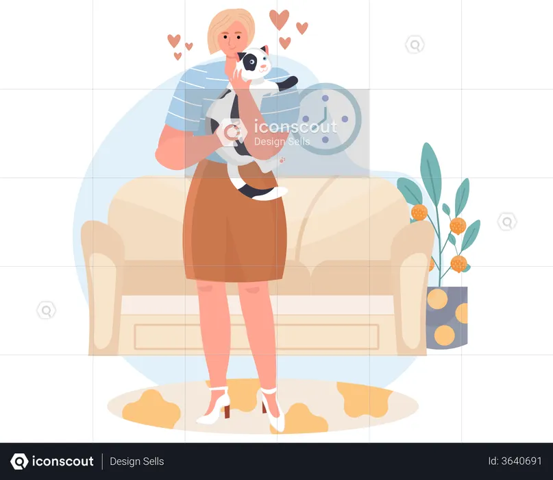 Woman cuddling a cat  Illustration