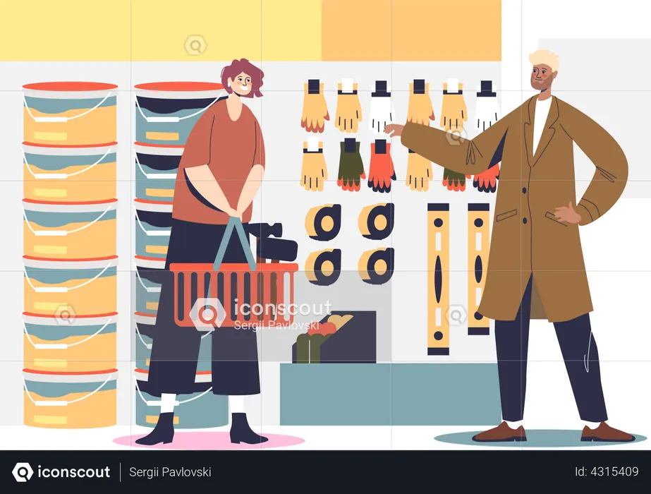 Woman customer buying gloves for renovation works in hardware store  Illustration