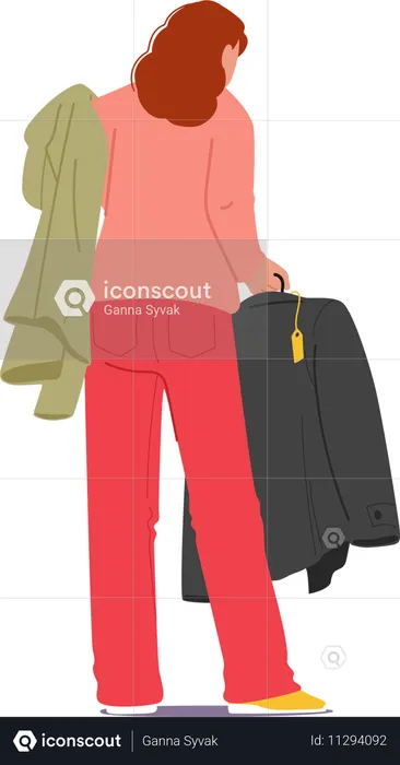 Woman customer holding new garment for shopping standing back  Illustration