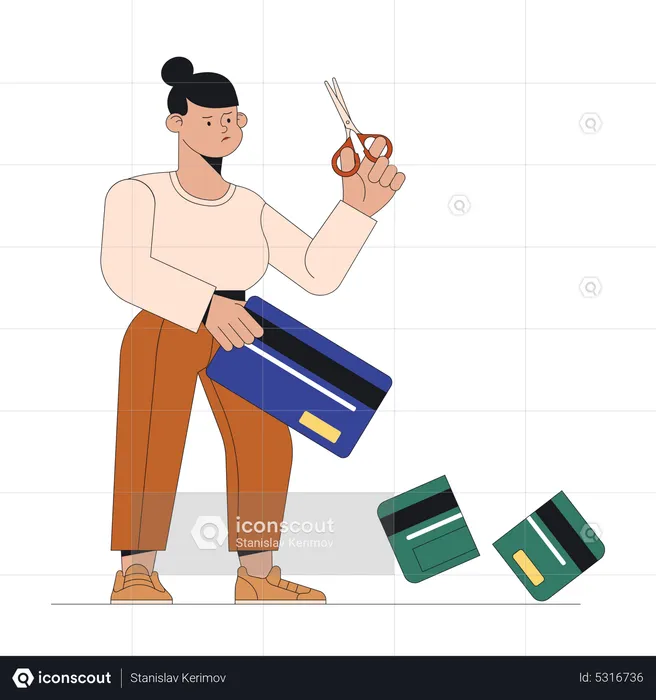 Woman cuts credit card with scissors  Illustration