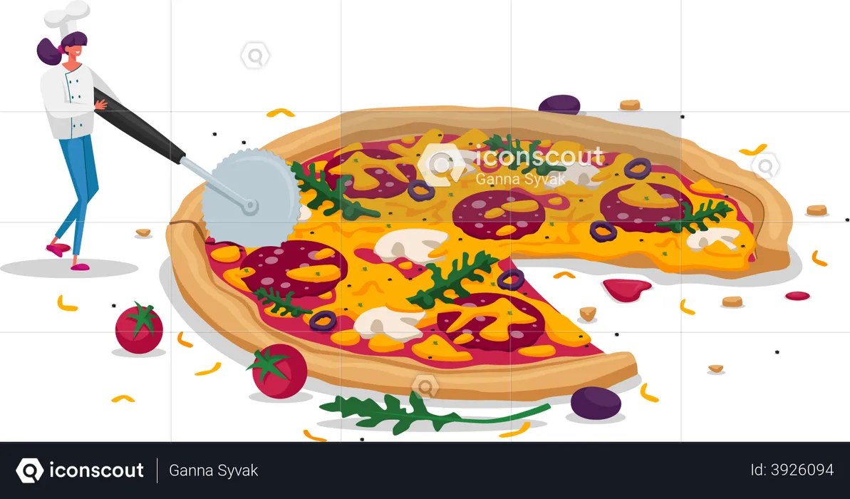 Woman cutting pizza into pieces  Illustration