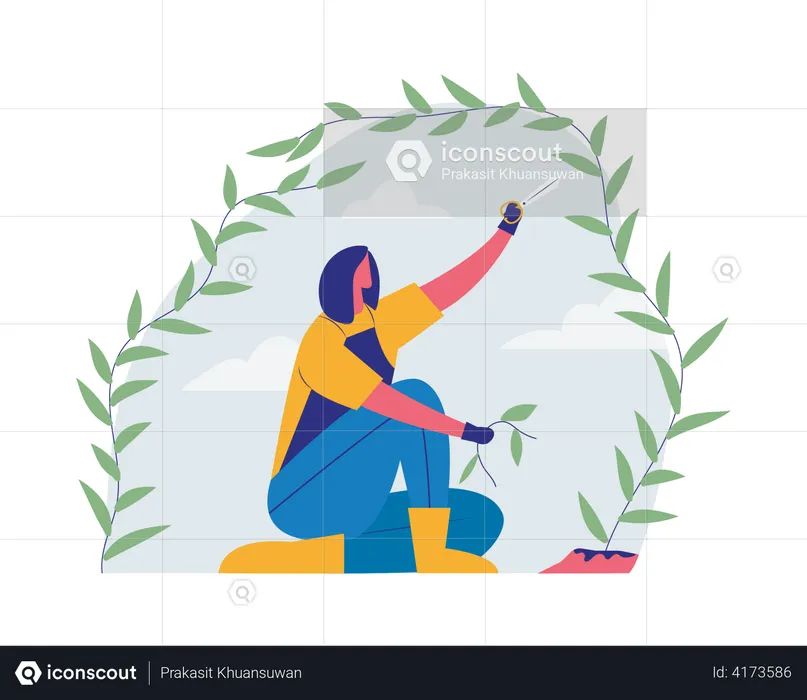 Woman Cutting Plant  Illustration