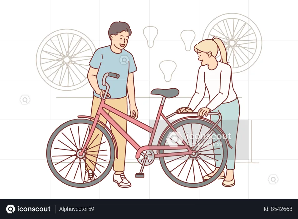 Woman cyclist came to workshop to repair  Illustration