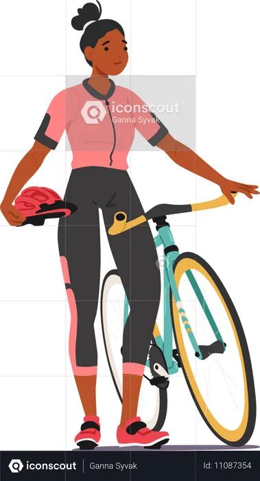 Woman cyclist standing with bicycle  Illustration