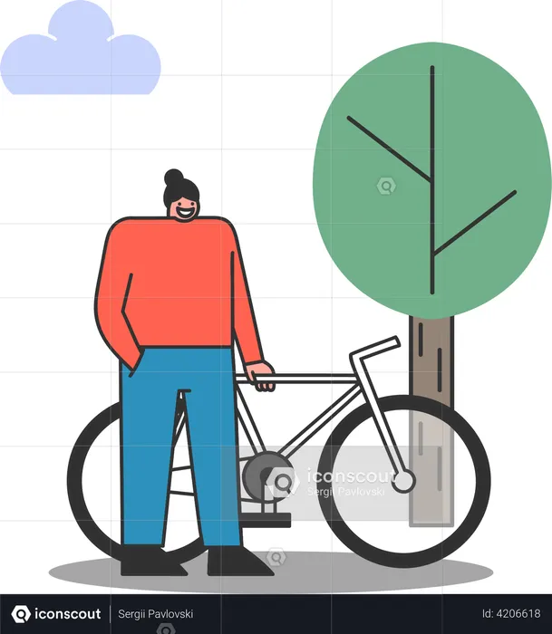 Woman cyclist with bicycle in park  Illustration