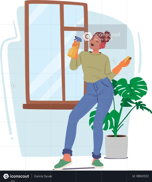 Woman Dances With Cloth And Cleaning Sprayer  Illustration