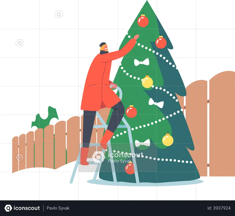 Woman Decorate Christmas Tree at House Yard  Illustration