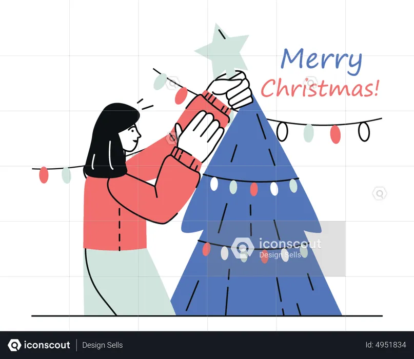Woman decorate xmas tree with garlands  Illustration