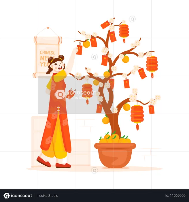 Woman Decorating Chinese angpao tree  Illustration