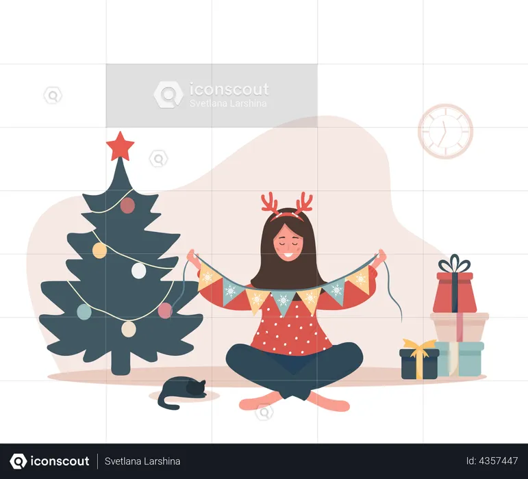 Woman decorating Christmas tree  Illustration