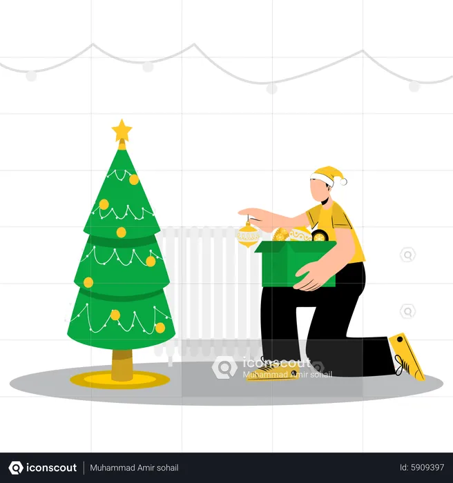 Woman decorating christmas tree  Illustration